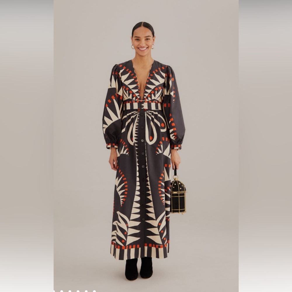 New Never Worn Farm Rio Black Coconut Grove Puff Sleeve Maxi Dress size Medium
